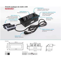 Design Light Gniazdko biurowe kolor aluminium prostokątne USB otwierane z blatu KOMBIBOX UZBROJONE Z PRZEWODEM 3M 230v x 2 + USB