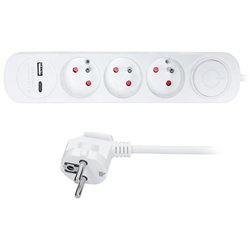 Solight 3z prodlužovací přívod s USB A+C nabíječkou 2.4A, 2m, 3 x 1mm2, bílý, vypínač