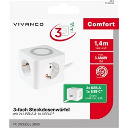 Vivanco Vivanco Power Cube 3-Way USB-A/C 1.4m (39619)