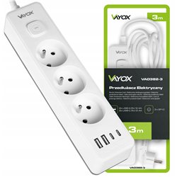 Przedłużacz 3MB 3GN+0 3x1,5mm 16A + 2x USB-A + 2x USB-C VA0382-3 Vayox
