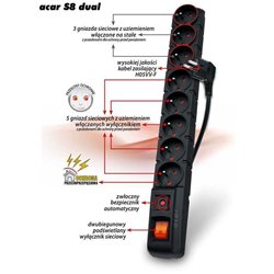 Listwa zasilająca Acar S8 Dual przeciwprzepięciowa 8 gniazd 5 m czarna (W1751)