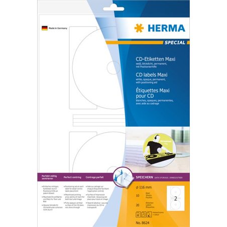 Herma Etykiety samoprzylepne Maxi 8624 na CD, białe, okrągłe, Ø 116 mm, papier matowy, 20 szt (8624)