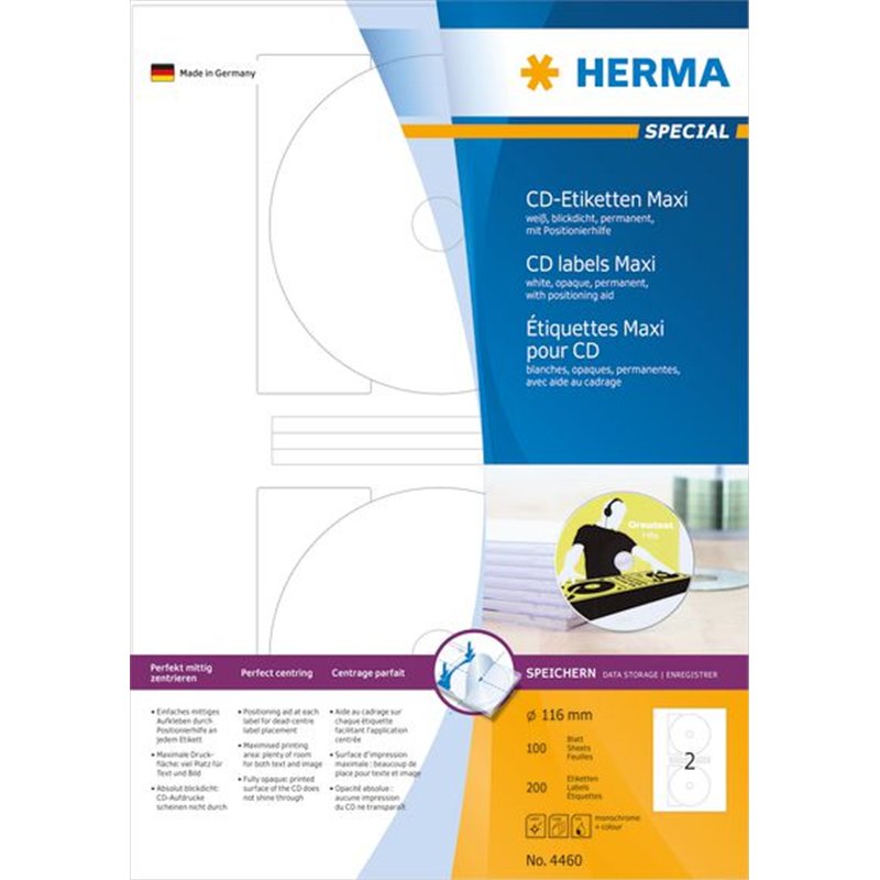Herma Etykiety samoprzylepne Maxi 4460, A4, na CD, białe, okrągłe, Ø 116 mm, papier matowy, 200 szt (4460)