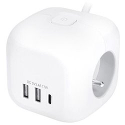 Solight 3z + USB A+C prodlužovací přívod - kostka, kabel 2m, 3 x 1mm2, bílý, vypínač