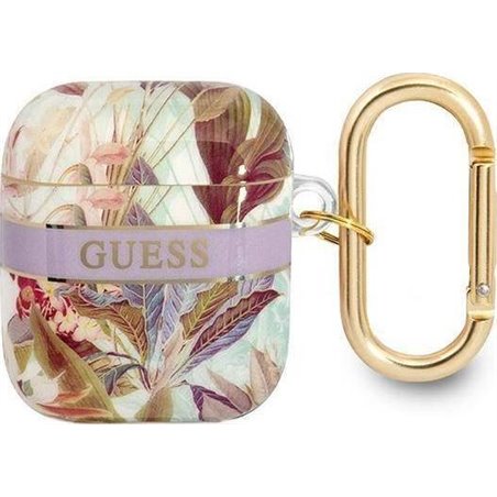 Guess Etui ochronne Flower Strap Collection do AirPods fioletowe